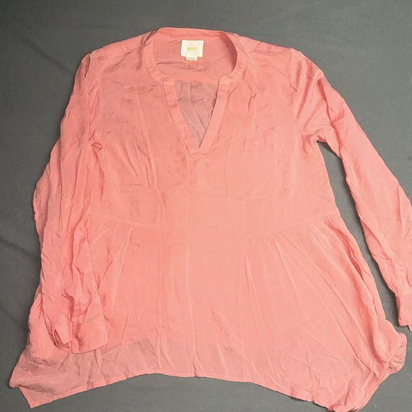 Maeve Tops - Maeve Anthropologie Coral Pink Rayon Peplum Blouse Long Sleeve Split Neck Size 4